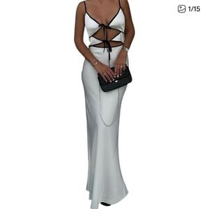 Commense White Long Dress Satin Tie Front Black White Trim Zipper SZ S NEW